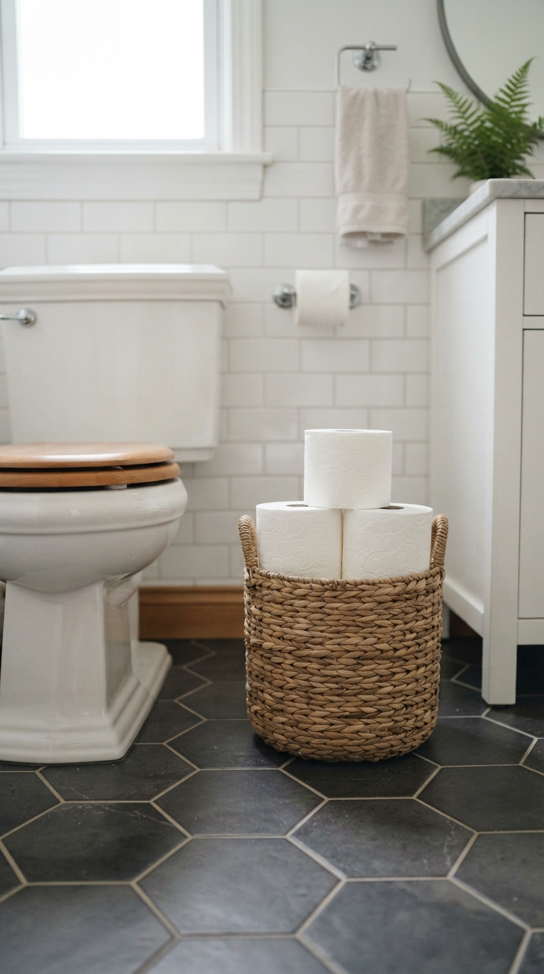 Backup toilet paper basket in a guest bathroom checklist setup