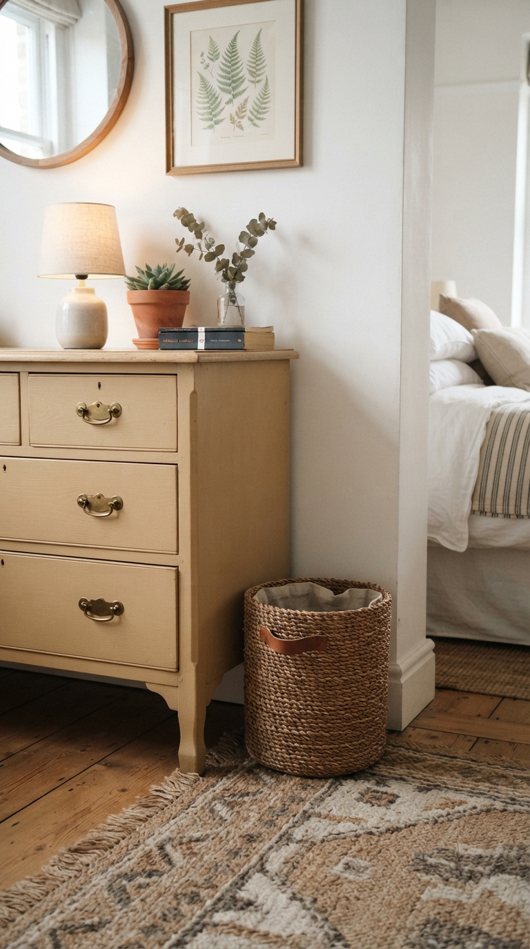 Small trash bin in a guest bedroom as a practical hosting essential