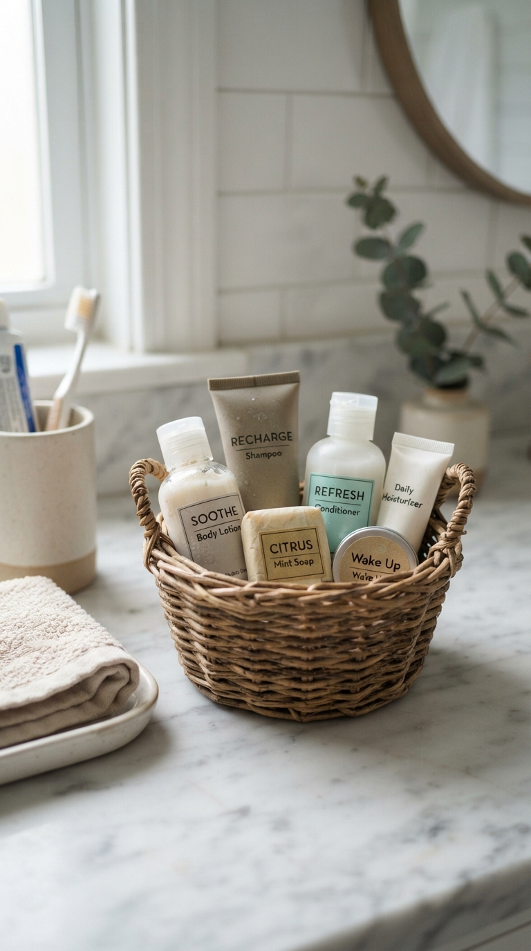 Travel-size toiletries basket in a guest bathroom checklist essential