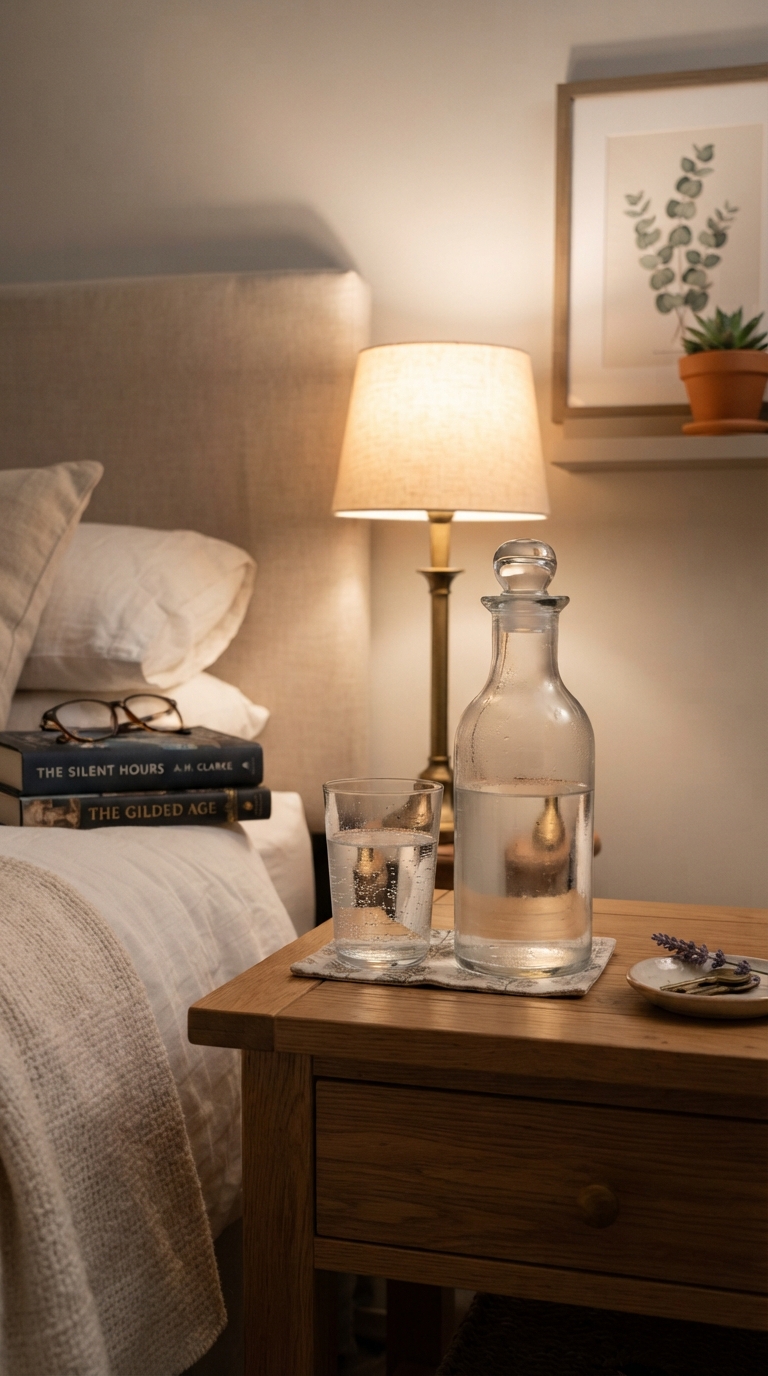 Water carafe and glass on a guest bedroom nightstand for overnight guests