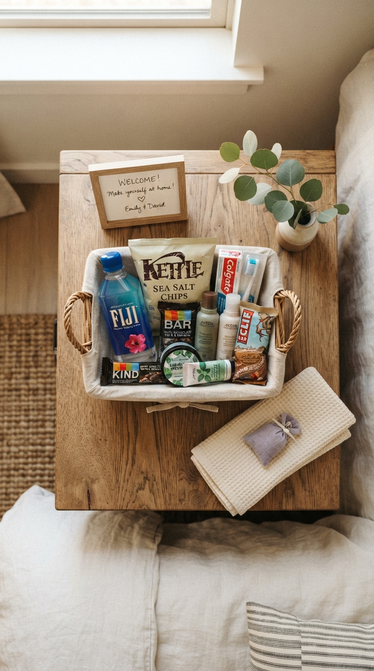Guest bedroom welcome basket with snacks and toiletries for overnight guests