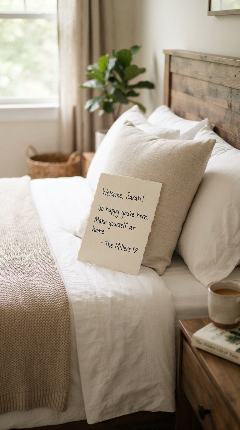 Handwritten welcome note on a guest bedroom pillow for overnight visitors