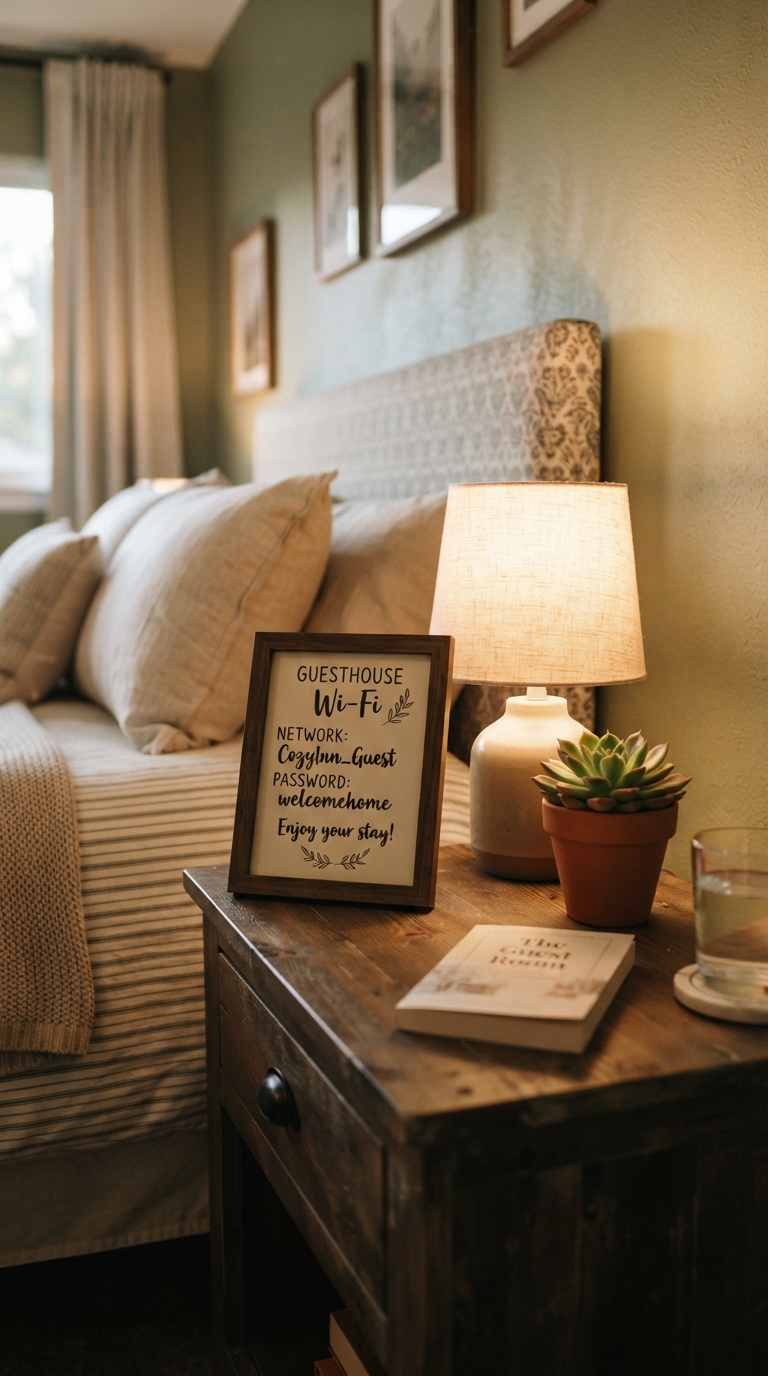 Framed Wi-Fi password sign as a guest bedroom essential