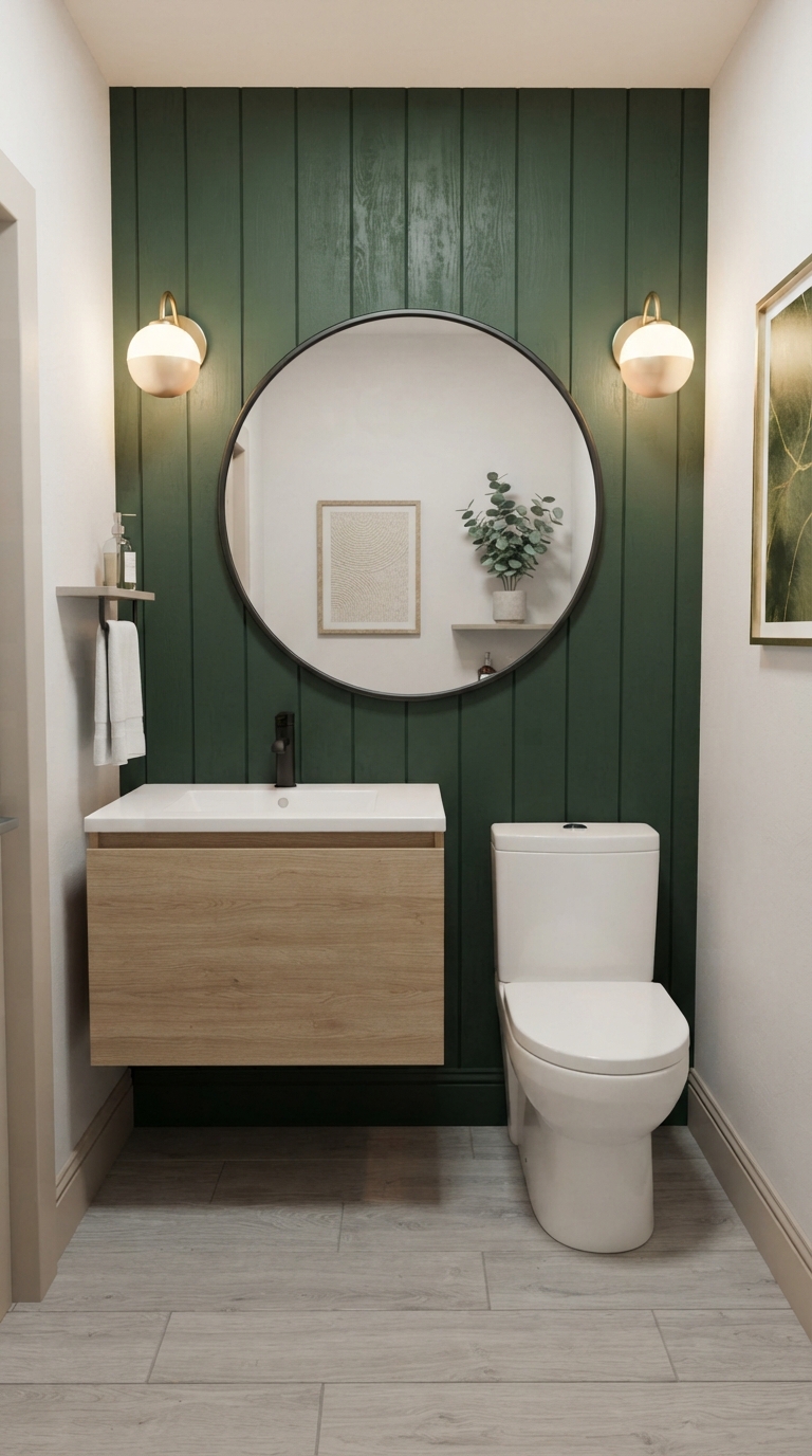 Compact Bloxburg half bathroom with floating vanity and accent wall.