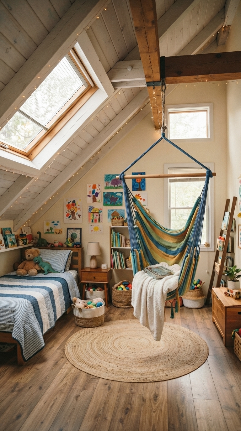 Striped hammock chair in a playful kids slanted ceiling bedroom