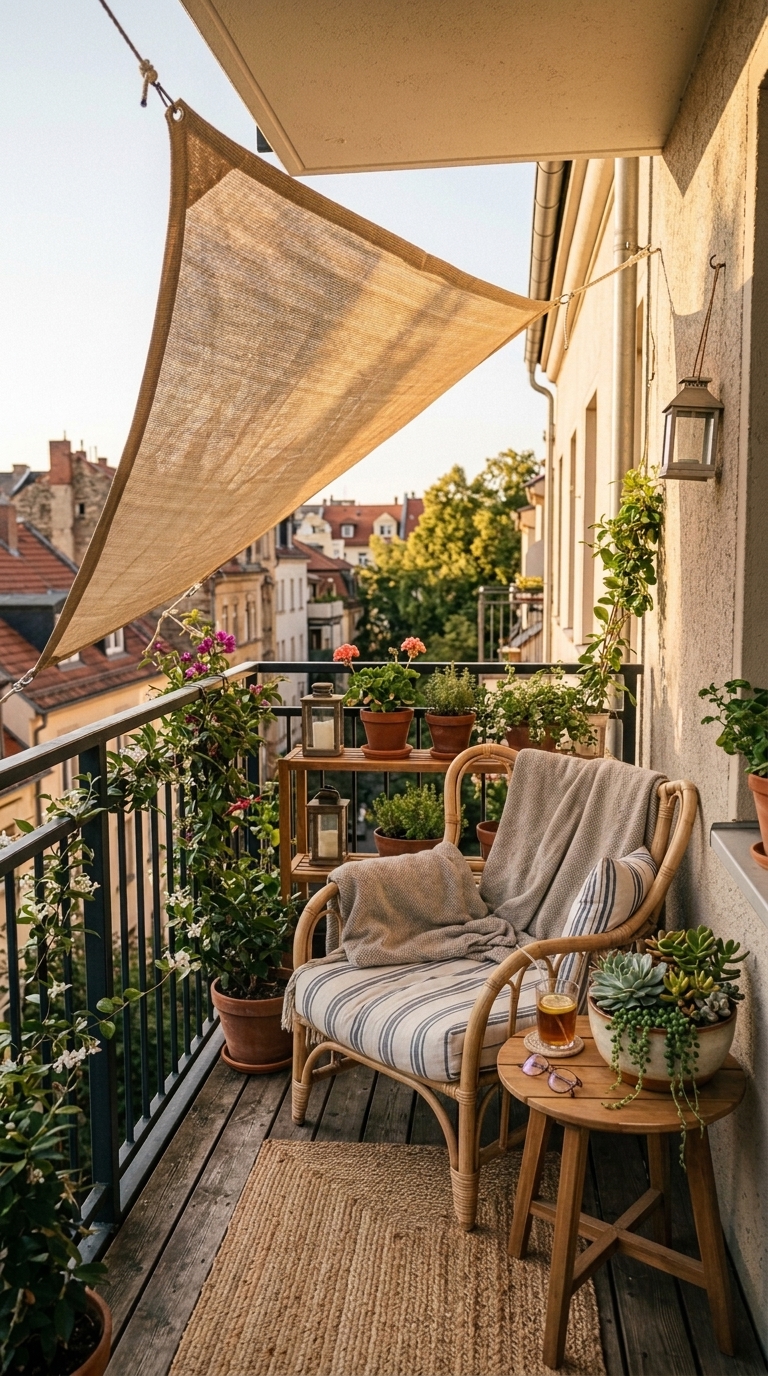 Hanging shade cloth panel over a compact balcony seating spot