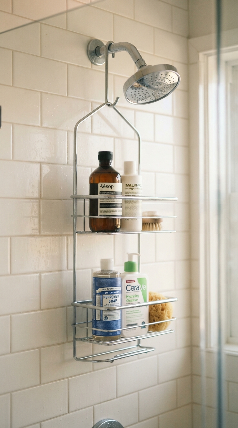 Hanging showerhead caddy offering quick no-install shower storage