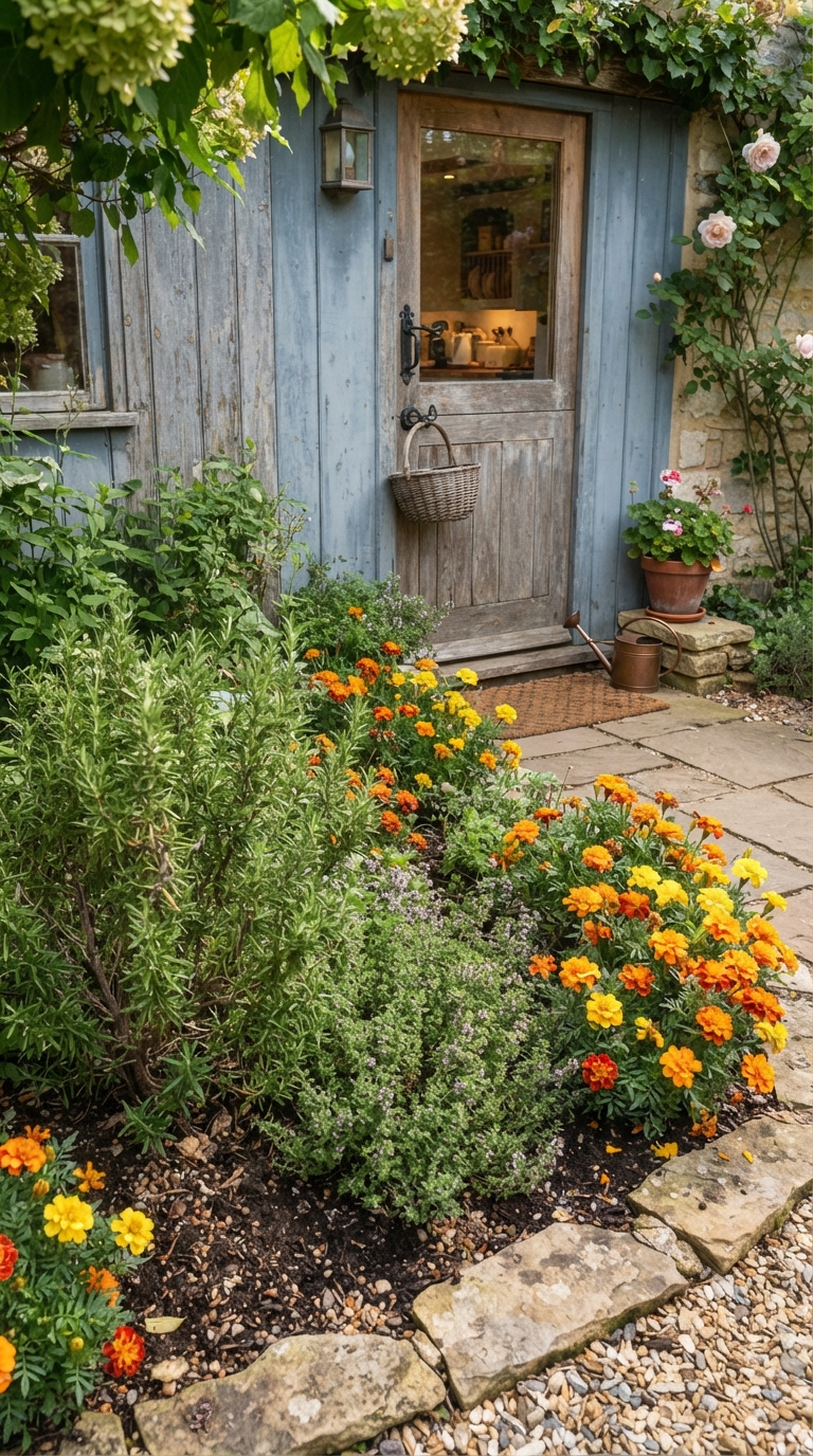 Small herb and flower combo bed with rosemary, thyme, and marigolds