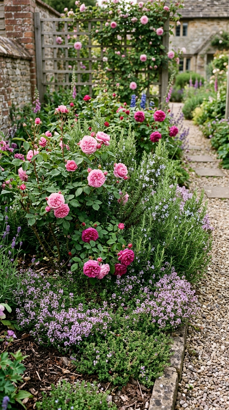 Herb and rose companion planting bed in an English garden