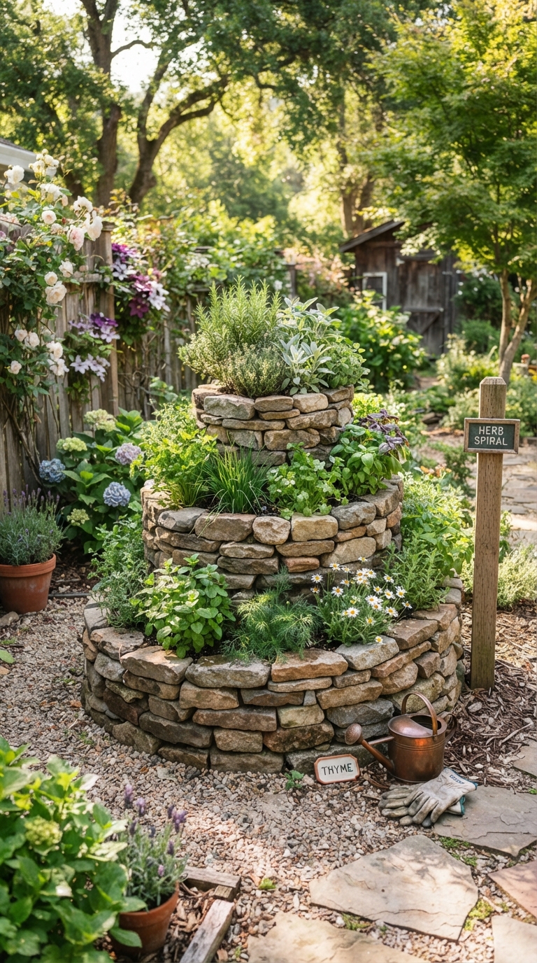 Herb spiral garden built into a sunny backyard corner