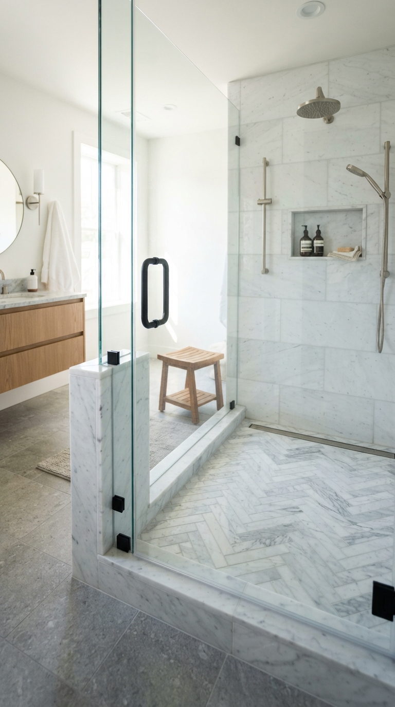 Herringbone marble tile floor in a chic walk-in shower