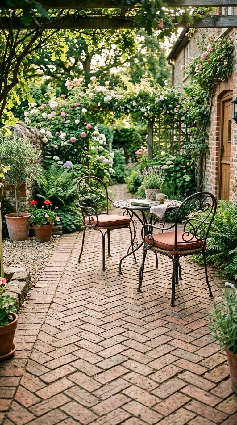 Herringbone pattern brick paver patio in a backyard