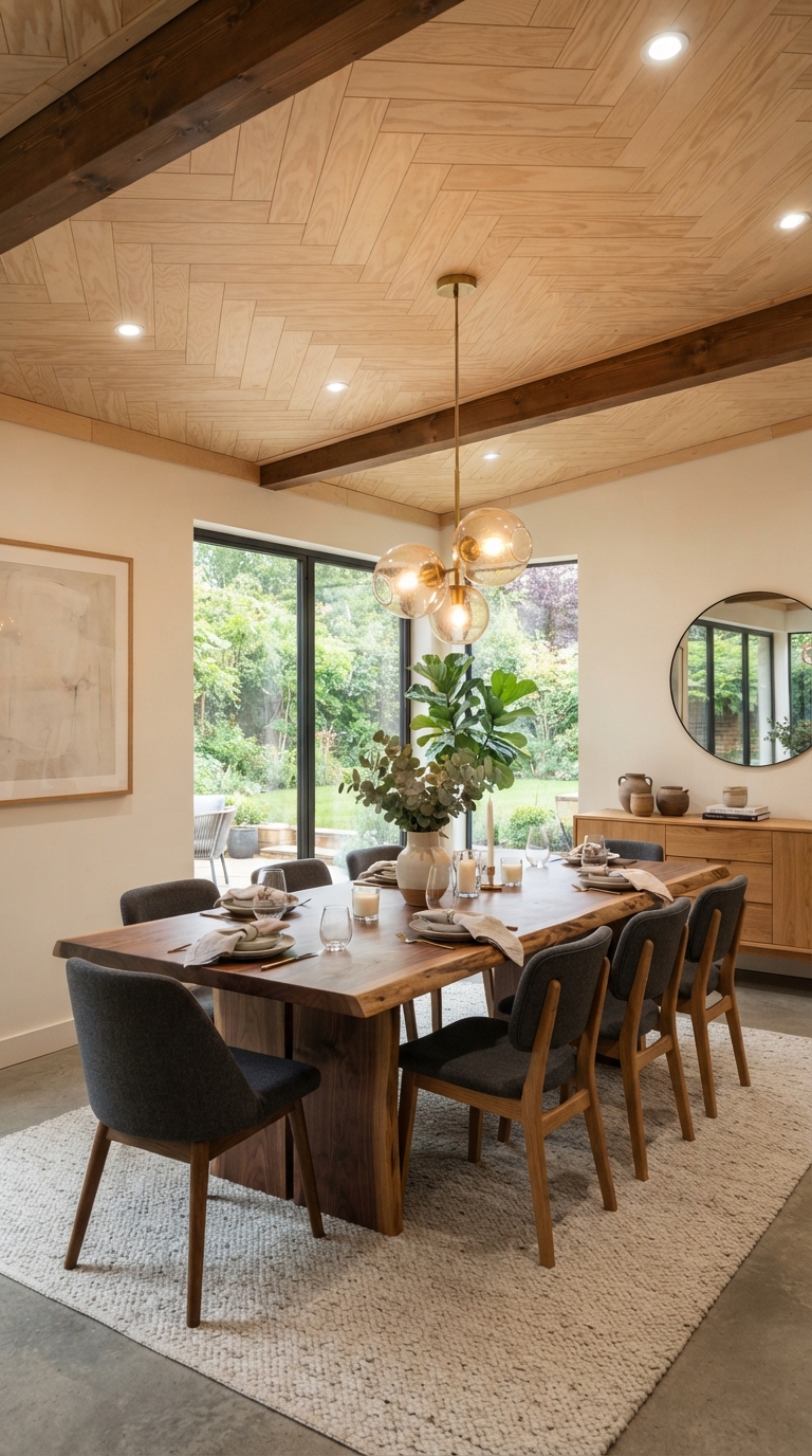 Herringbone pattern plywood ceiling in a dining room