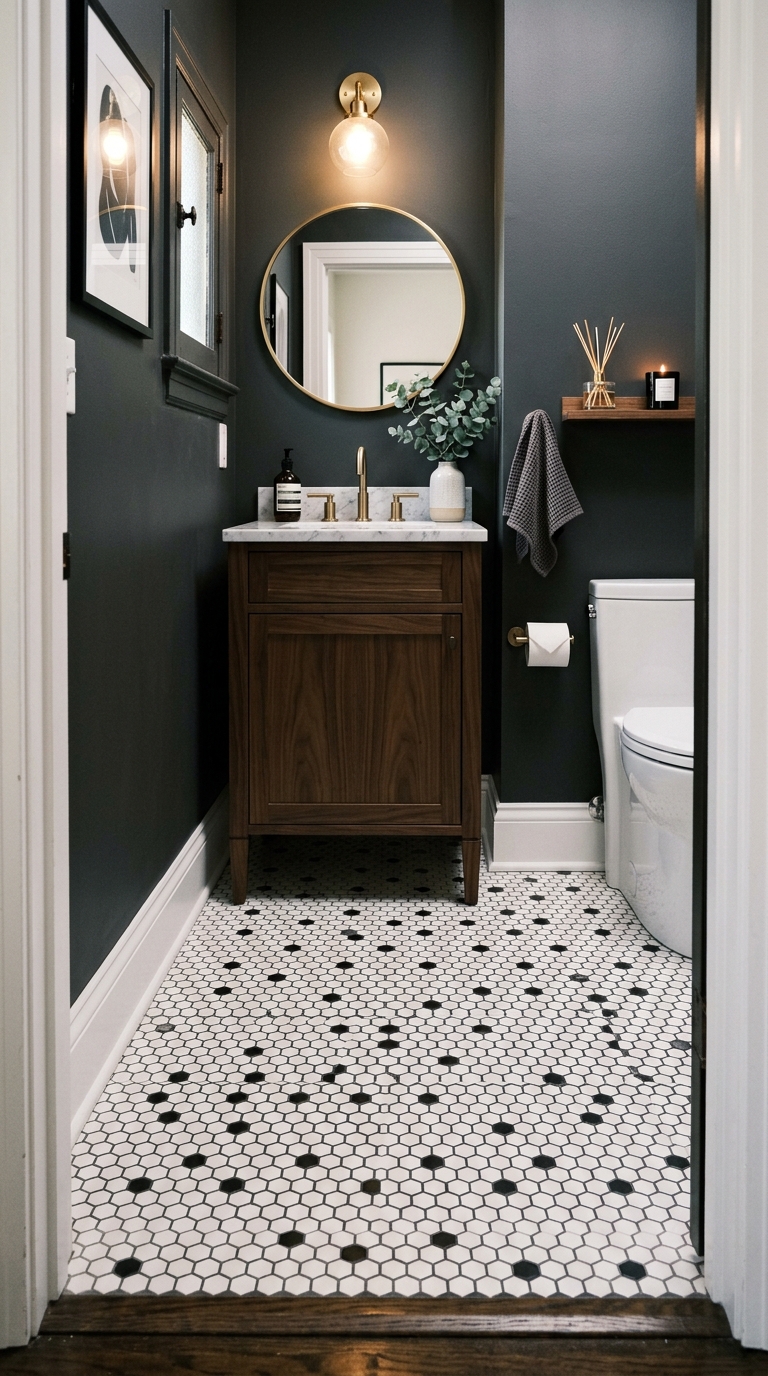 Hexagon tile floor pattern in a small chic powder room