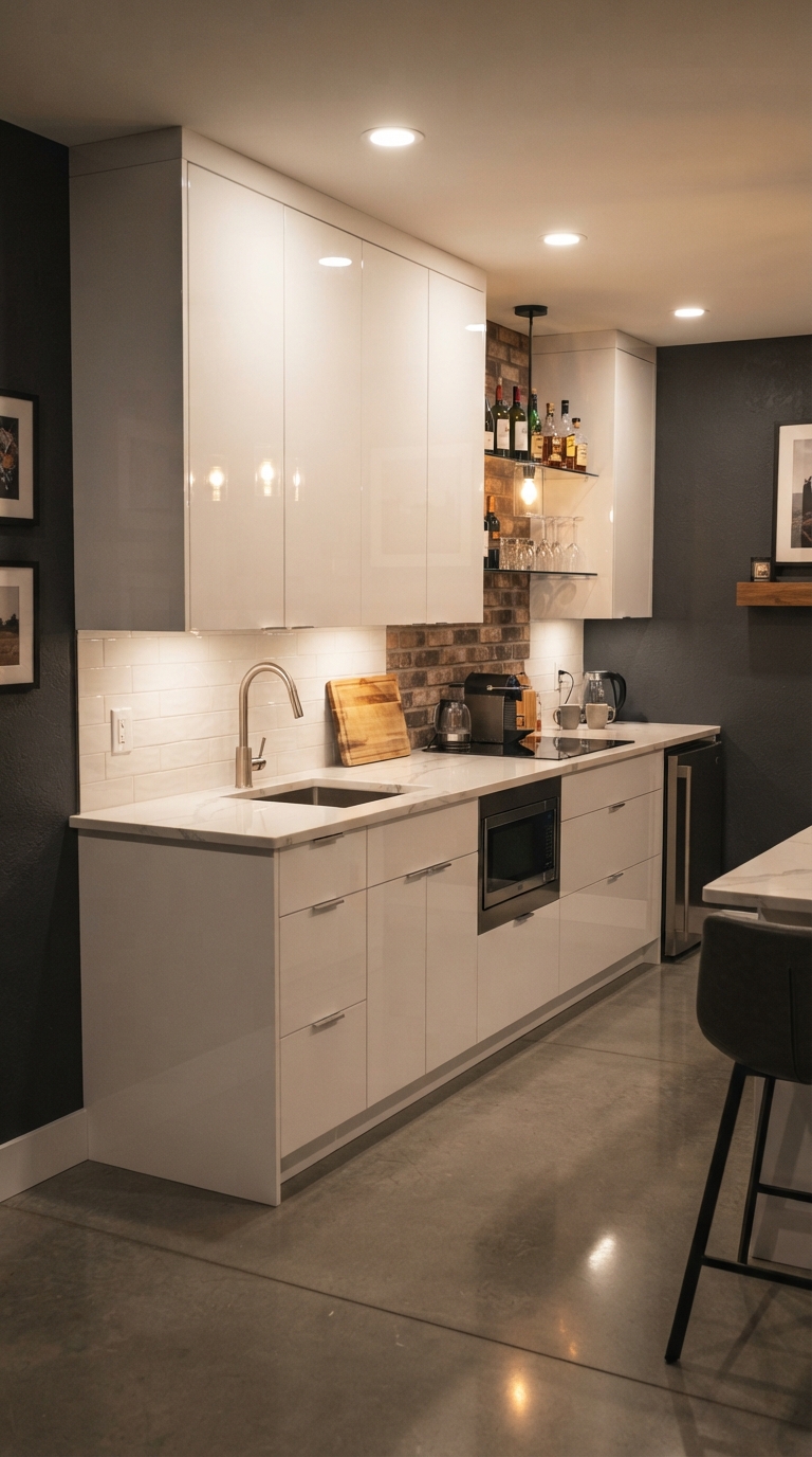High-gloss basement kitchenette idea for low-light spaces