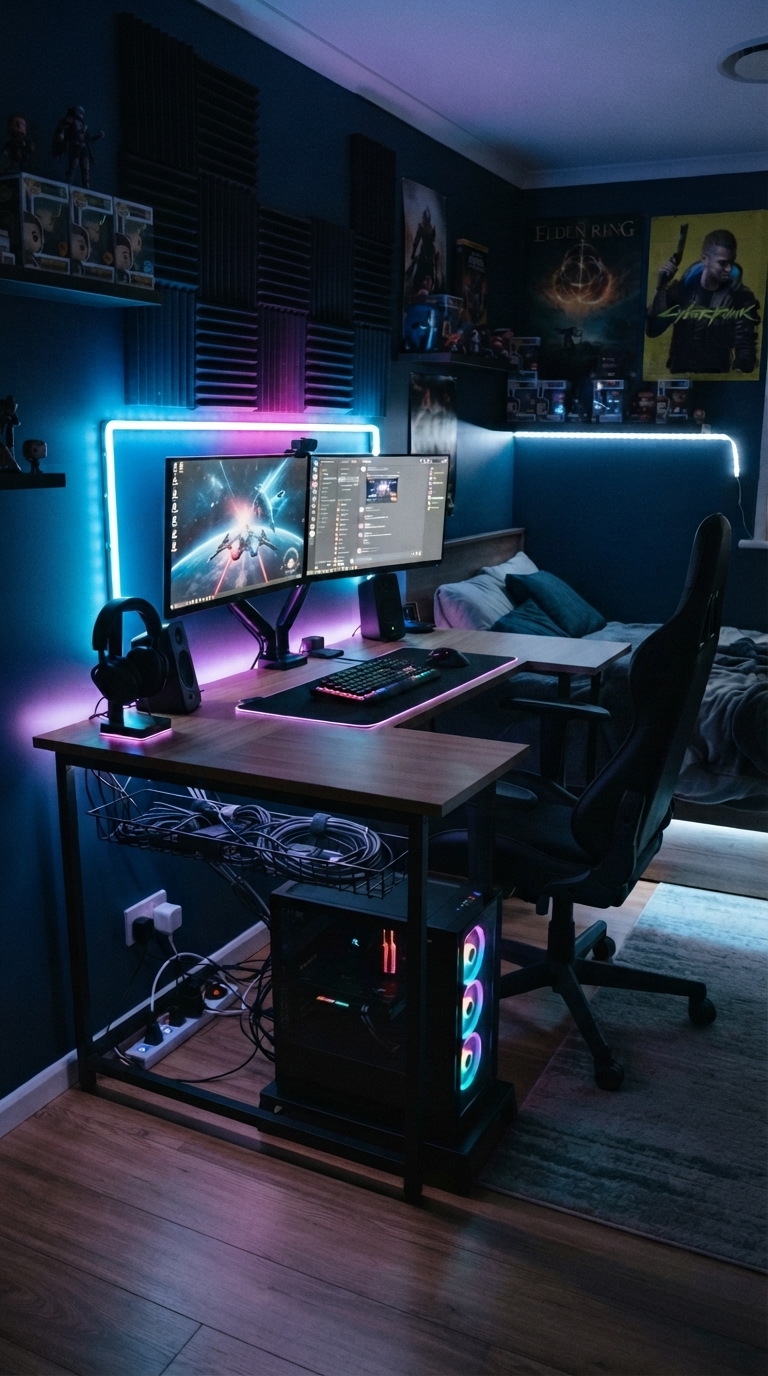 High-tech gamer setup in a boy's bedroom with LED lighting