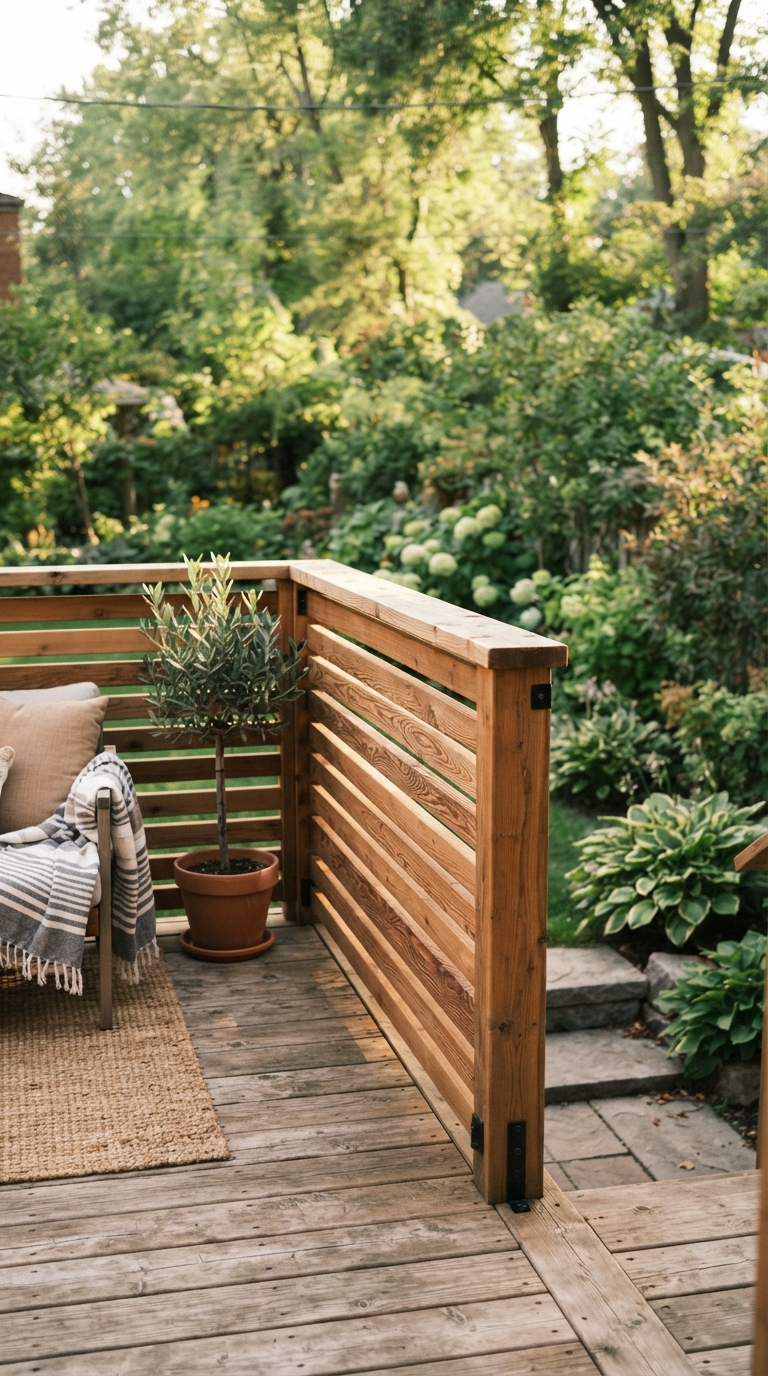 Horizontal wood slat deck railing with a modern-rustic look