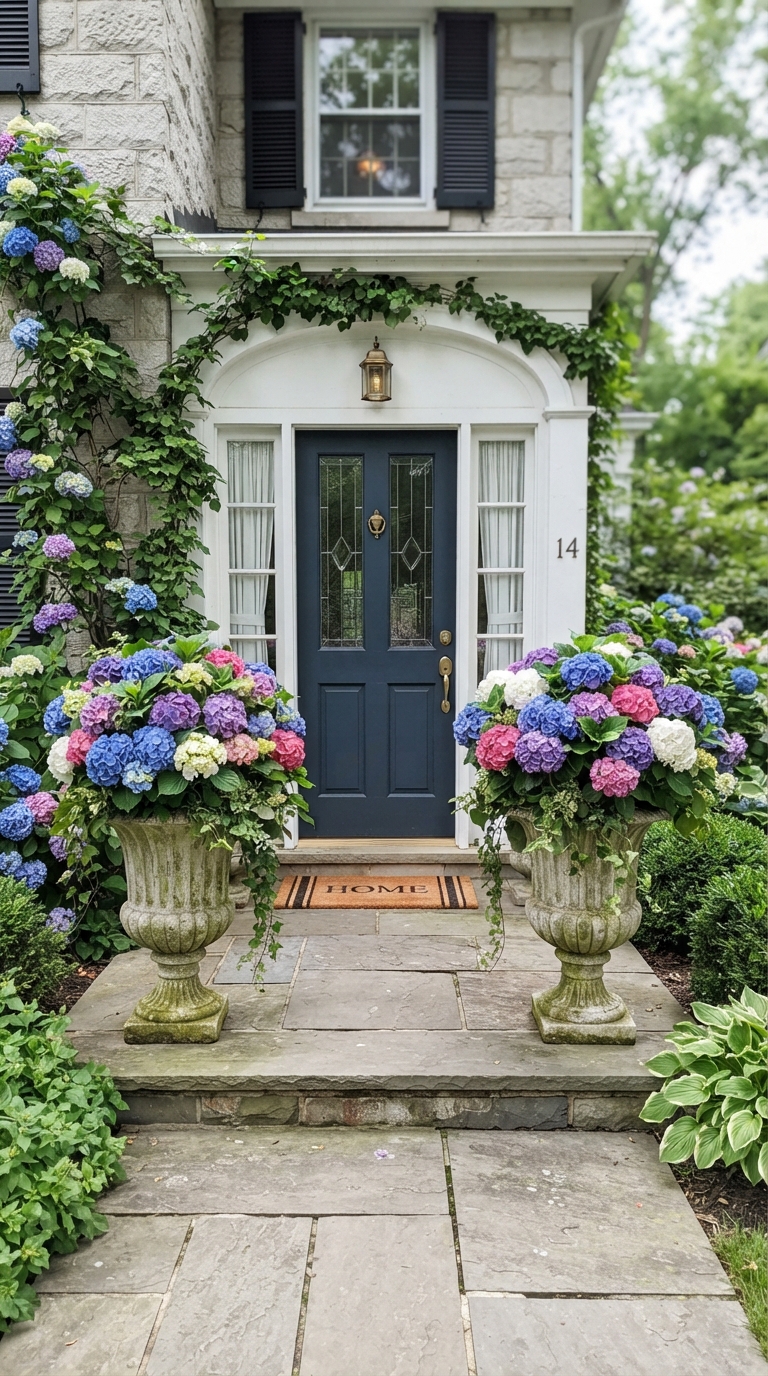 Hydrangea-filled urn planters framing a spring front porch entrance
