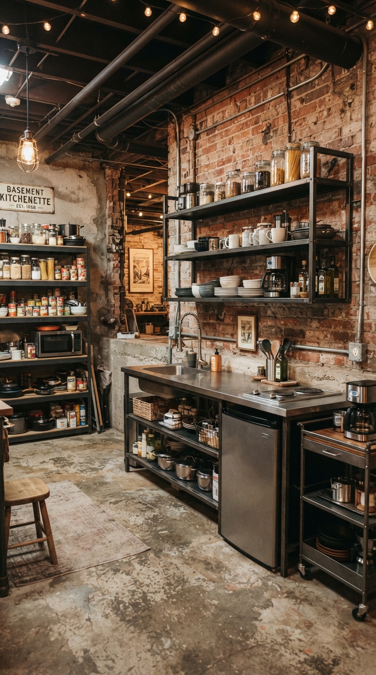 Industrial style basement kitchenette with exposed brick wall