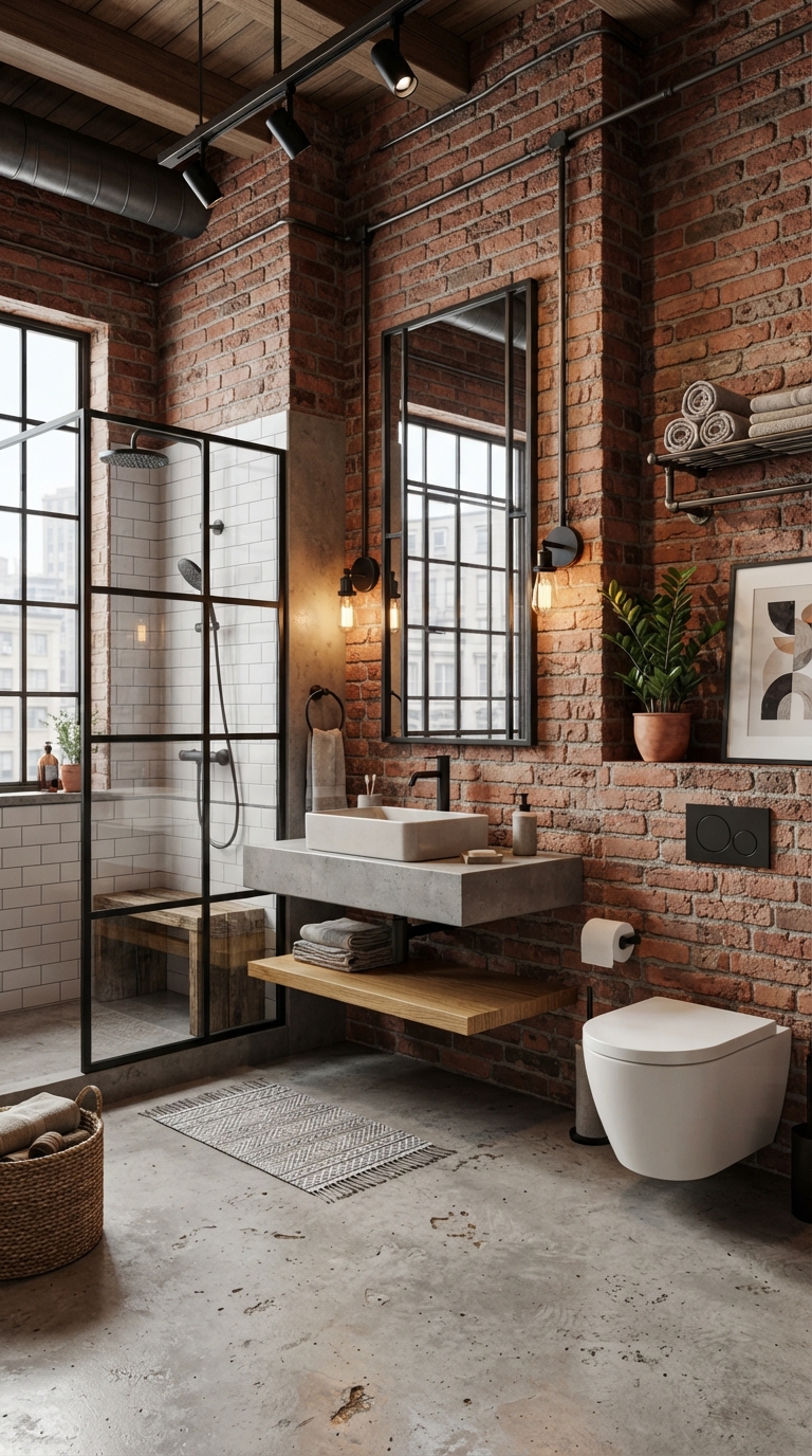 Industrial loft Bloxburg bathroom with brick walls and black metal fixtures.