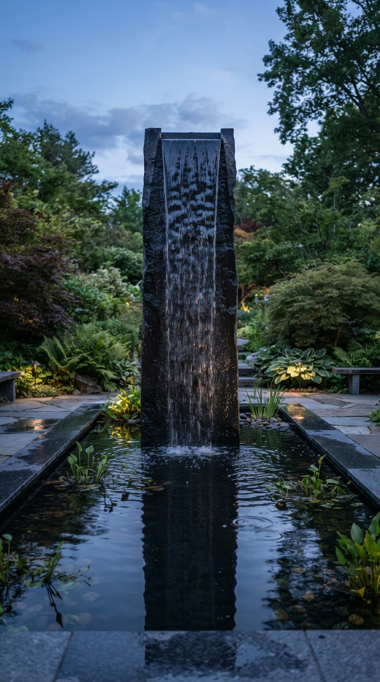 Industrial monolith fountain for a modern backyard garden