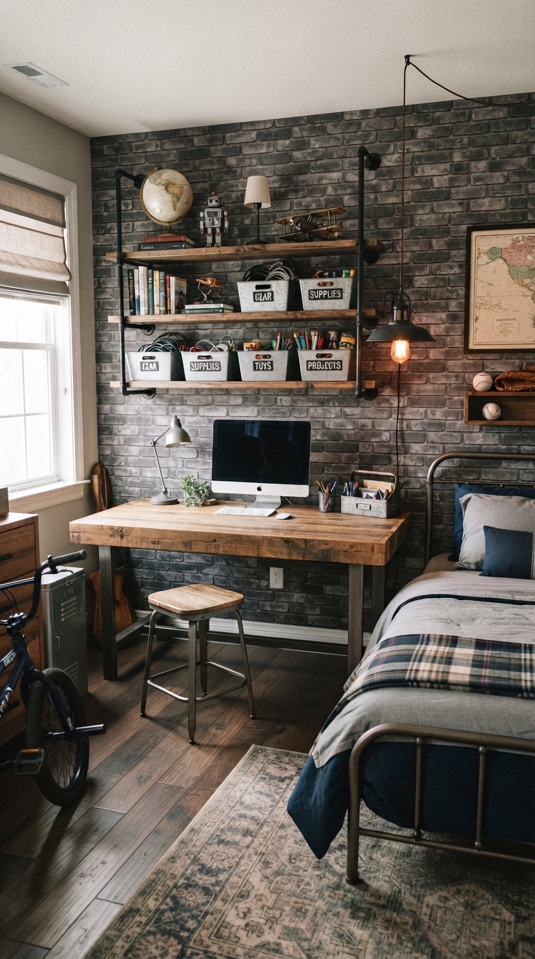 Industrial style boy's bedroom with iron shelving and reclaimed wood