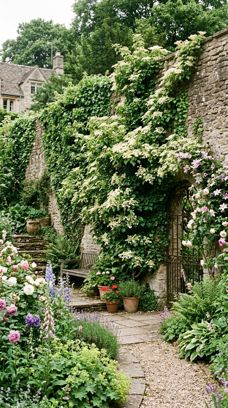 Ivy-draped garden wall in a romantic English backyard