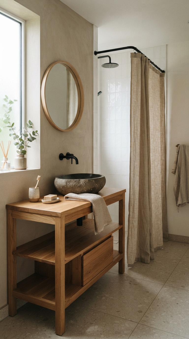 Japandi aesthetic bathroom with stone sink and natural wood vanity