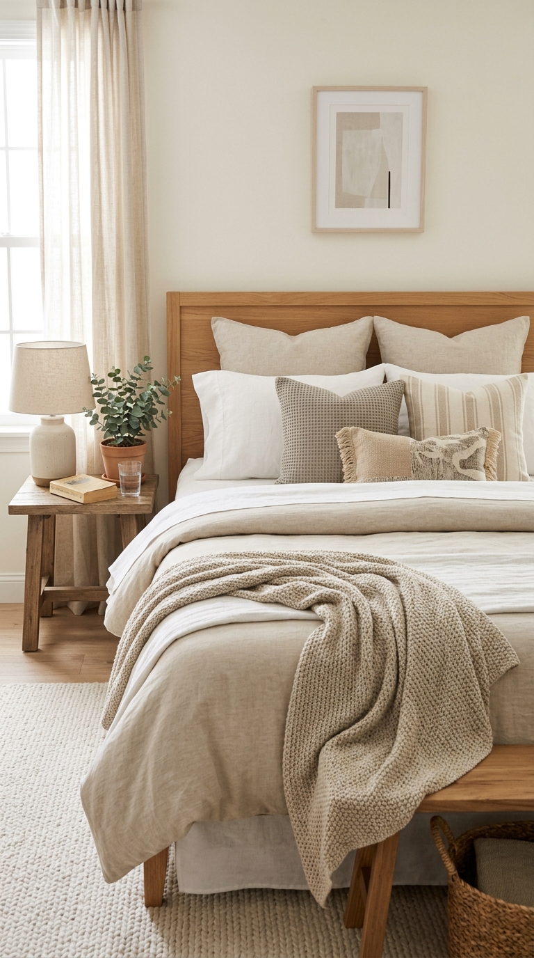 Bed styled as the centerpiece of a Japandi bedroom