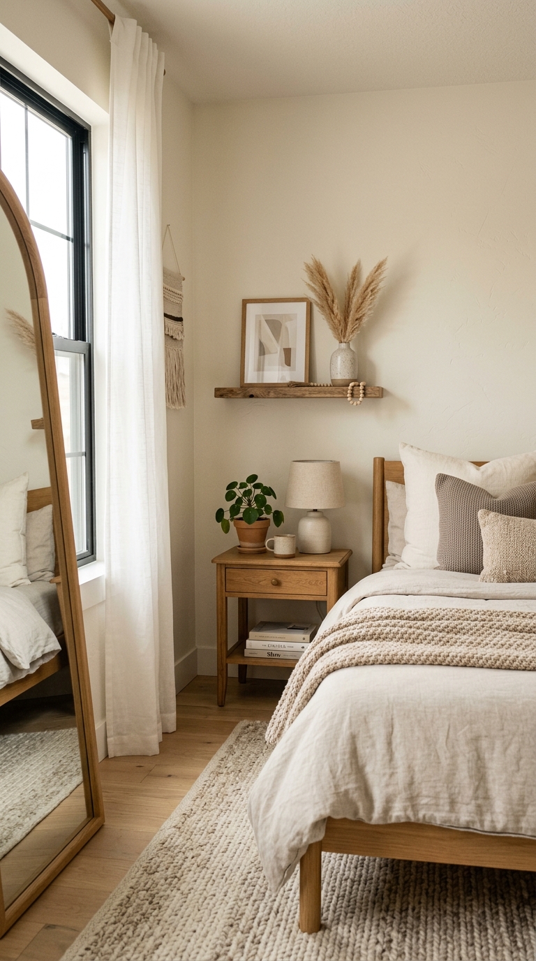 Simple three-tone color palette in a Japandi bedroom