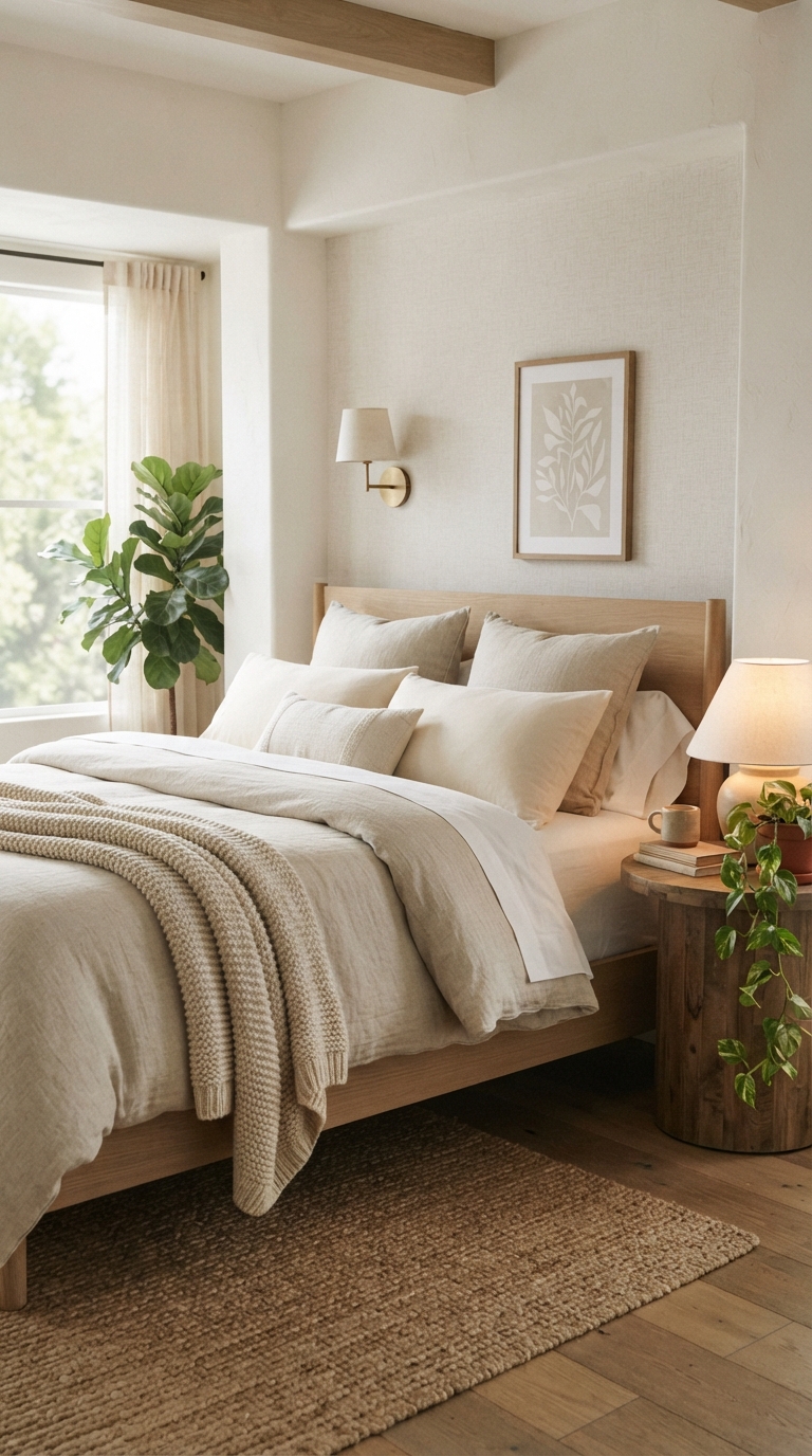 Bed styled as the focal point in a Japandi bedroom