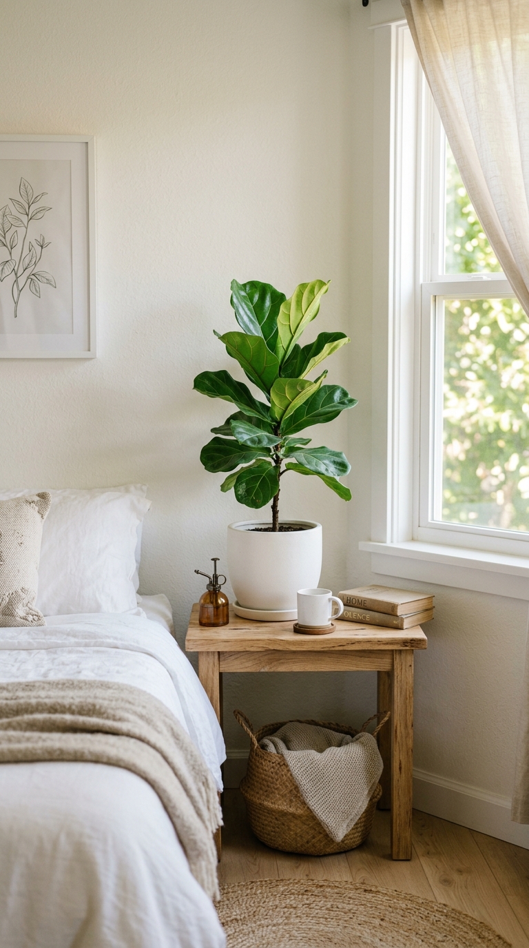 Simple greenery styled in a Japandi bedroom
