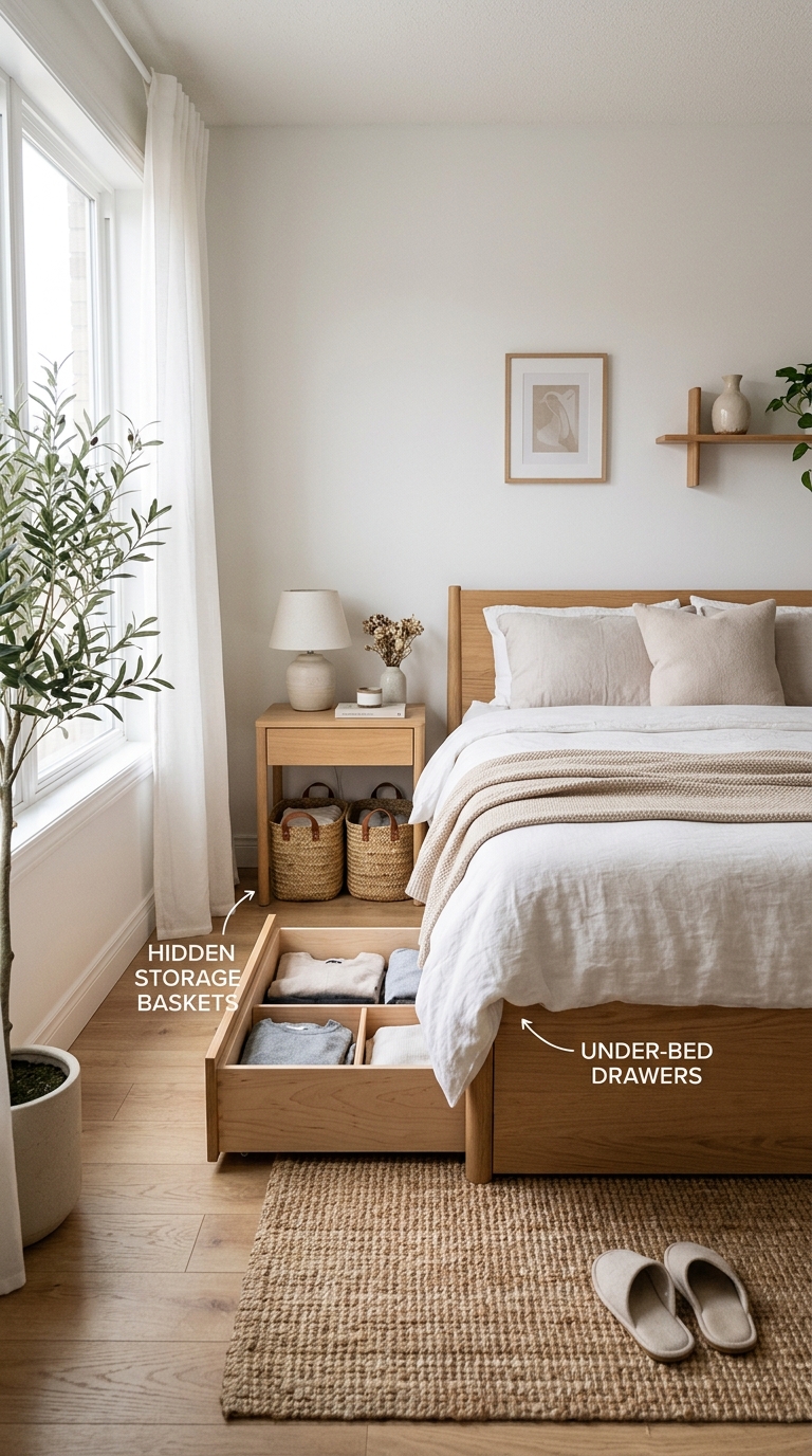 Smart hidden storage solutions in a Japandi bedroom