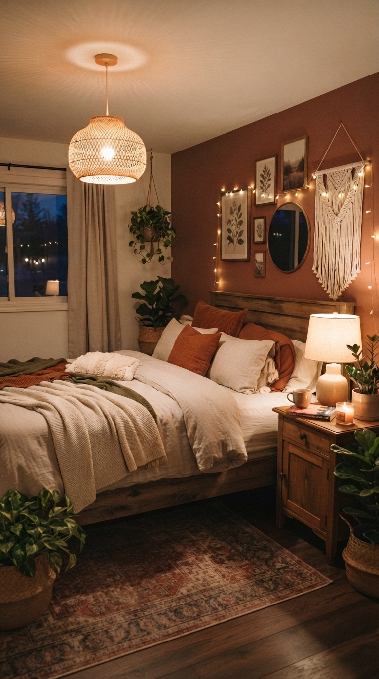 Warm layered lighting in a Japandi-style bedroom