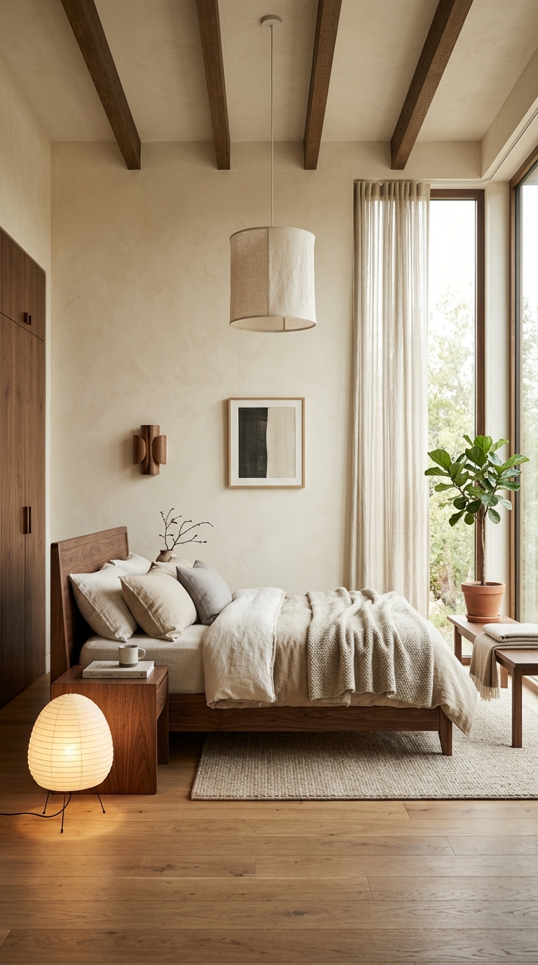 Luxury Japandi bedroom suite with solid wood and designer lighting