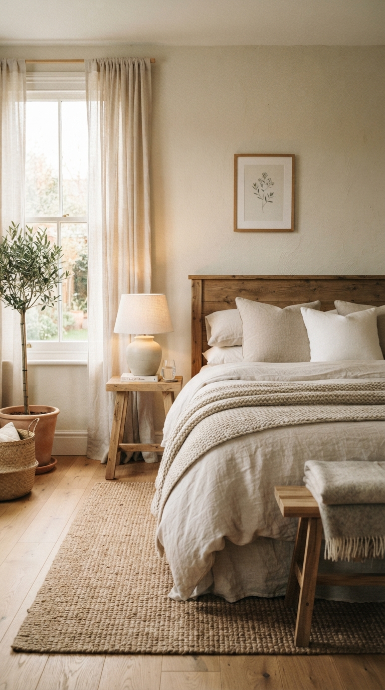 Japandi bedroom idea with a warm neutral palette and soft natural light