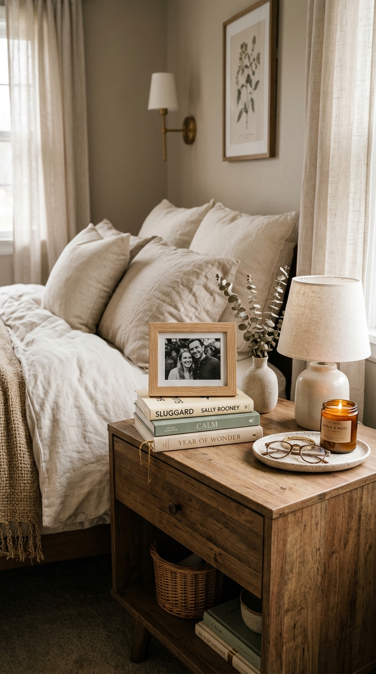 Personal touches styled simply in a Japandi bedroom
