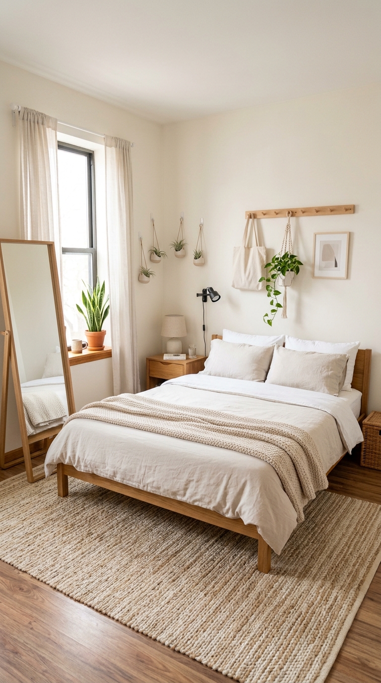 Rental-friendly Japandi bedroom styling with no permanent changes