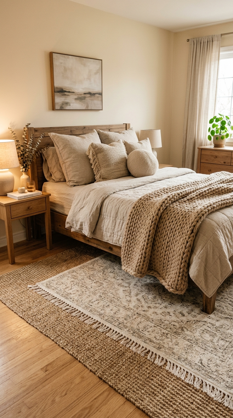 Layered natural rug and throw texture in a Japandi bedroom