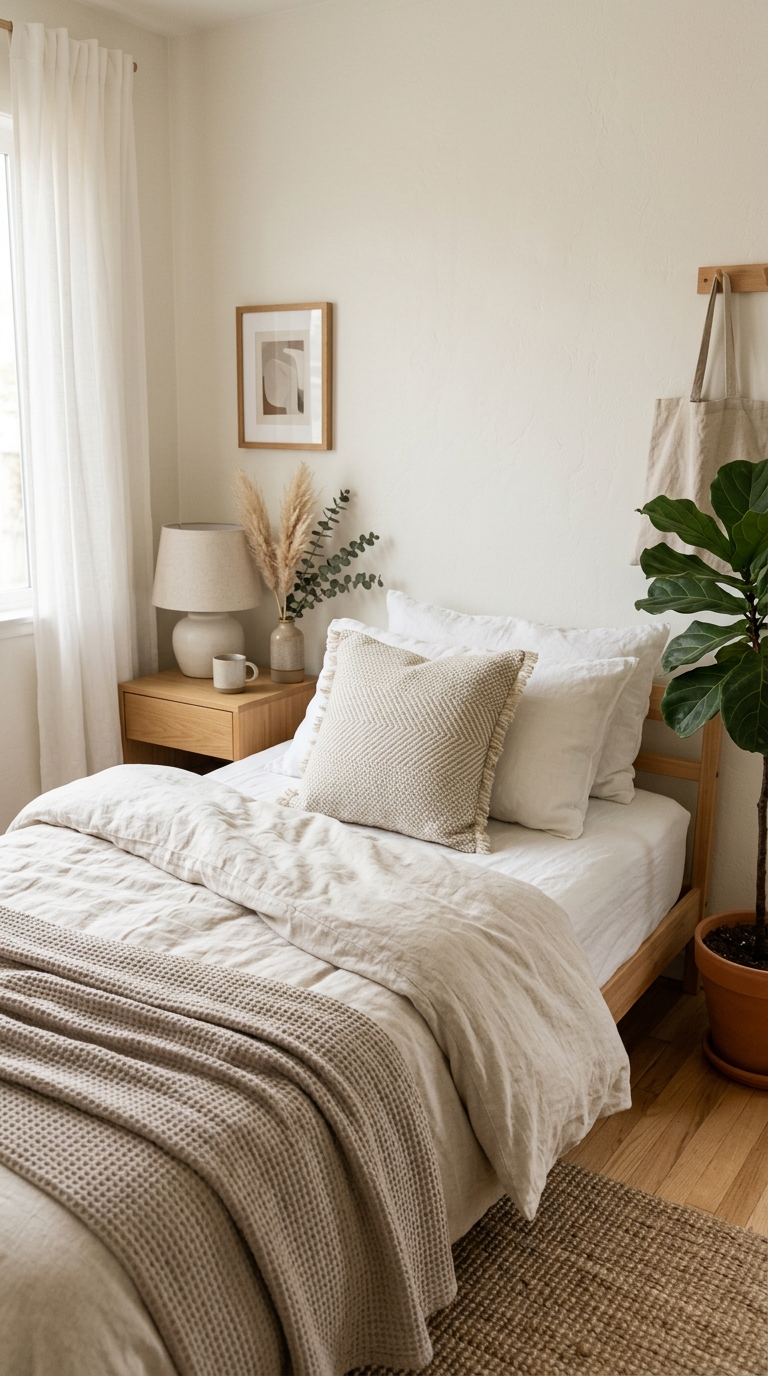 Subtle organic pattern styling in a Japandi bedroom
