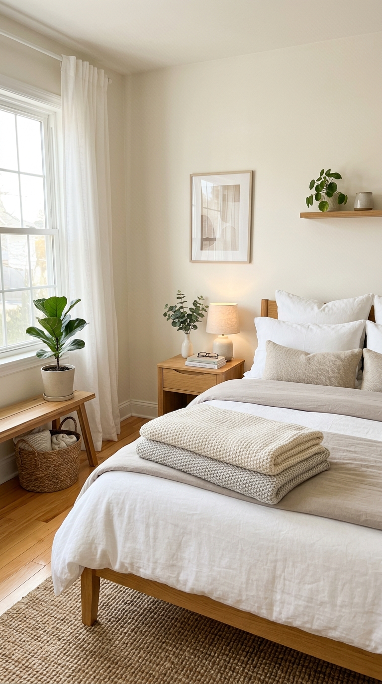 Calm, tidy Japandi bedroom after a weekly reset routine