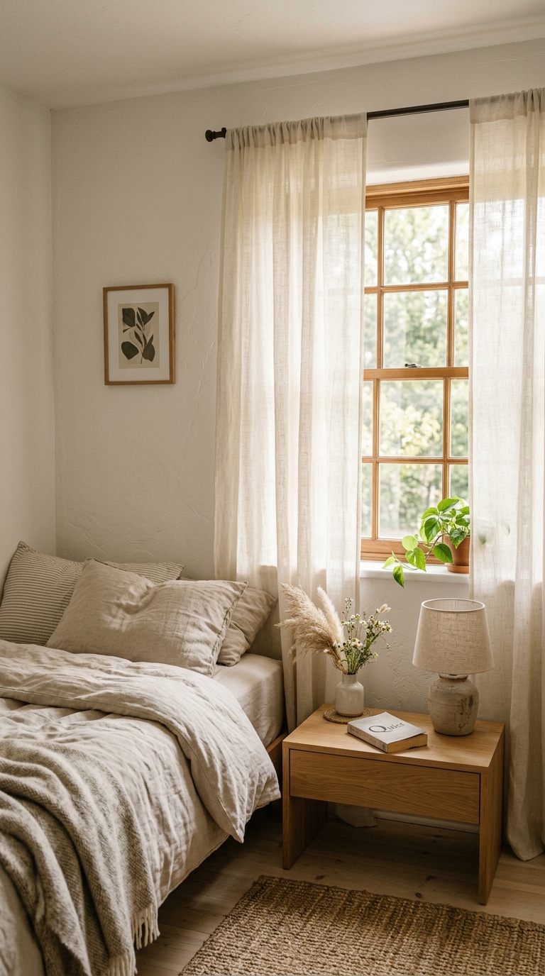Simple window styling with linen curtains in a Japandi bedroom