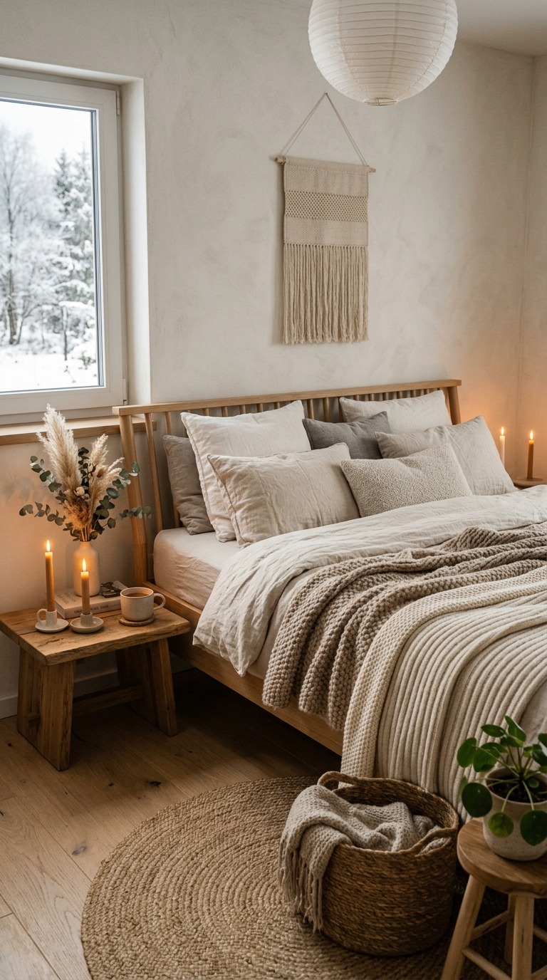 Cozy winter layering in a Japandi-style bedroom