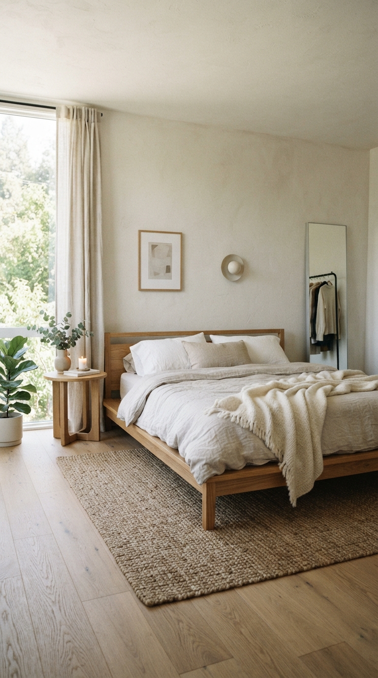 Low wood platform bed in a Japandi-style bedroom
