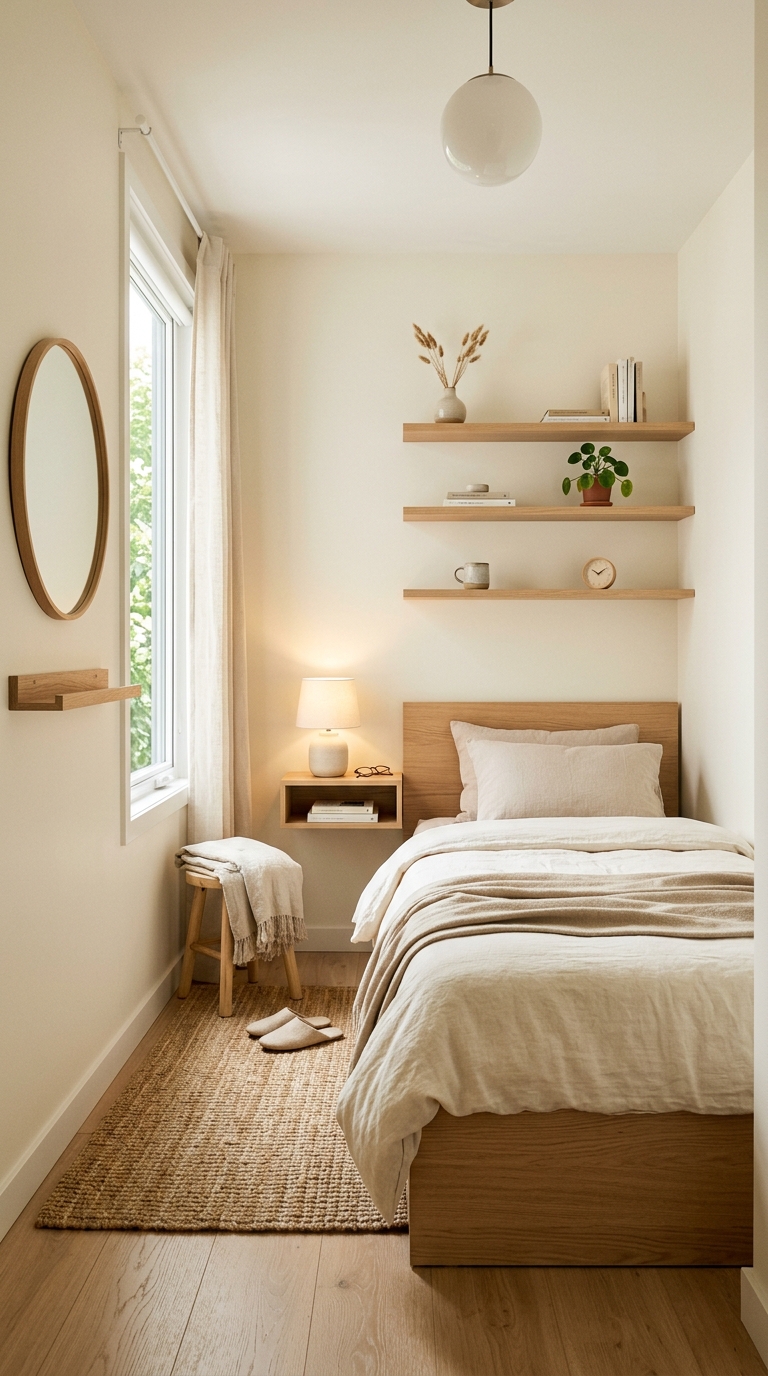 Small Japandi bedroom styled to feel more spacious