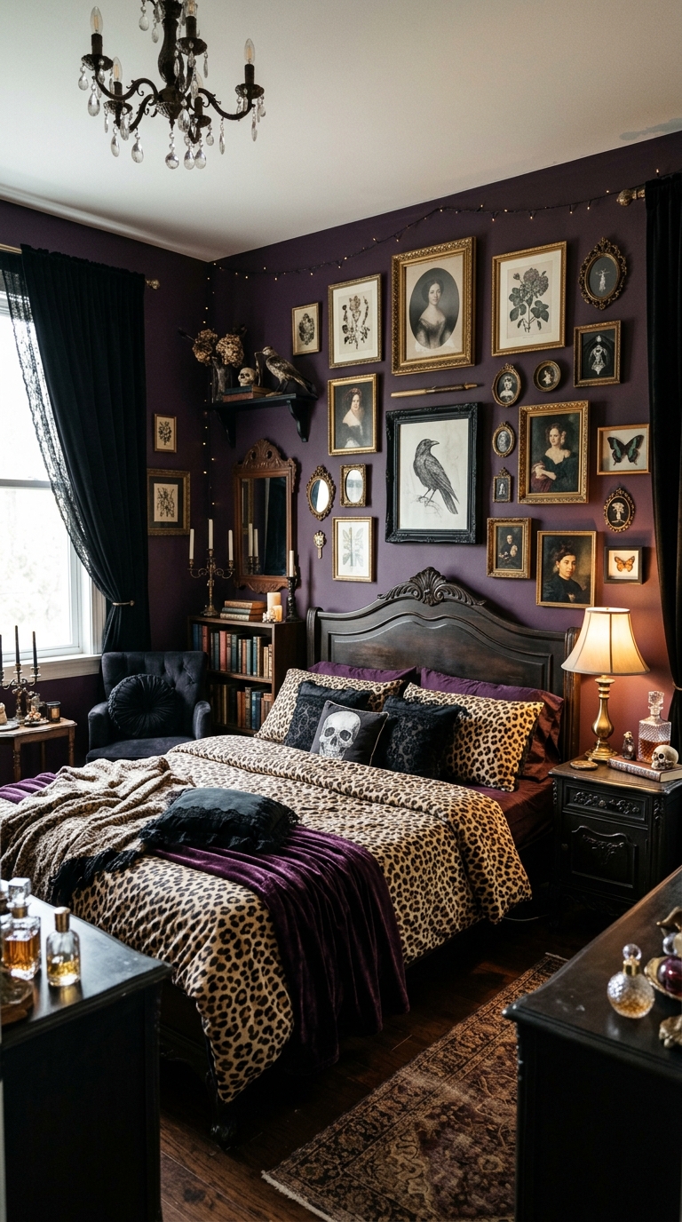 Jewel-tone leopard and purple eclectic gothic bedroom