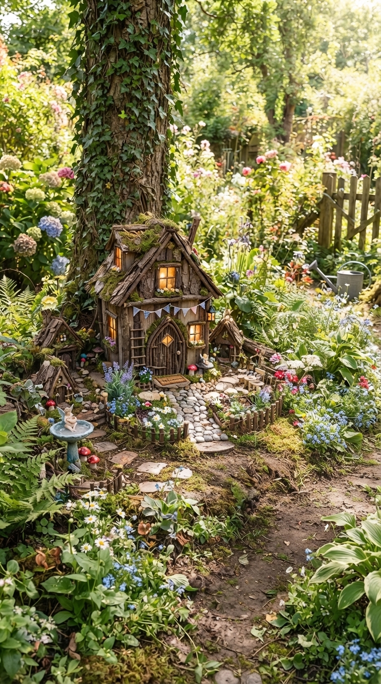 Kid-friendly garden corner with playful fairy garden touches.
