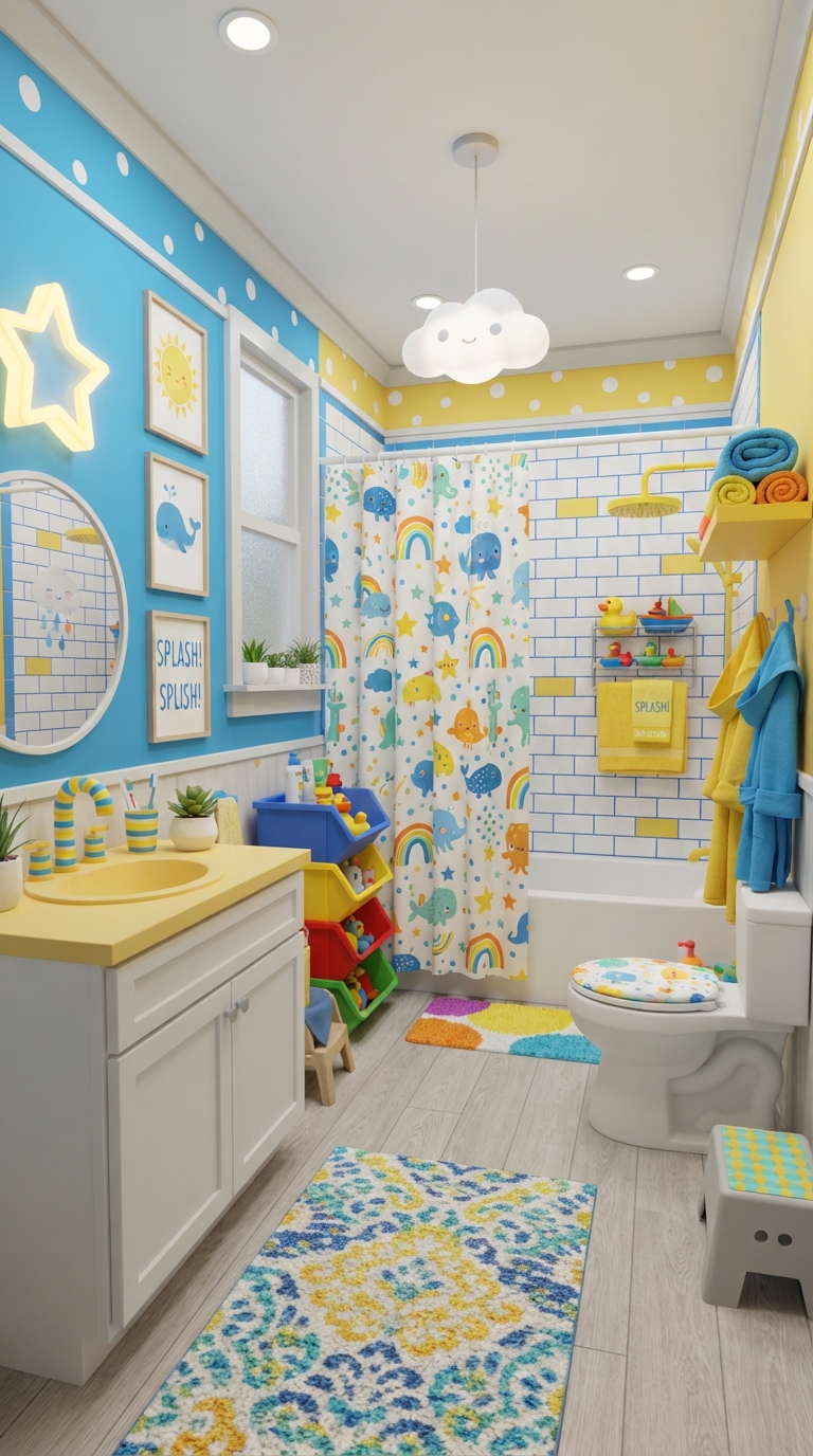 Fun kids' Bloxburg bathroom with colorful décor and playful storage.