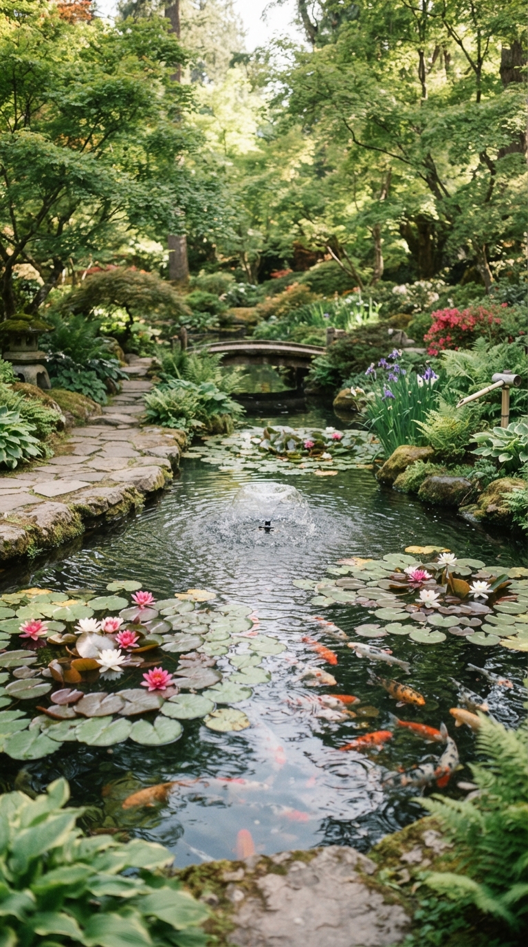 Koi pond fountain feature for a backyard water garden