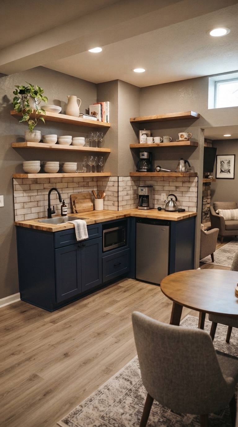 L-shaped corner basement kitchenette design idea